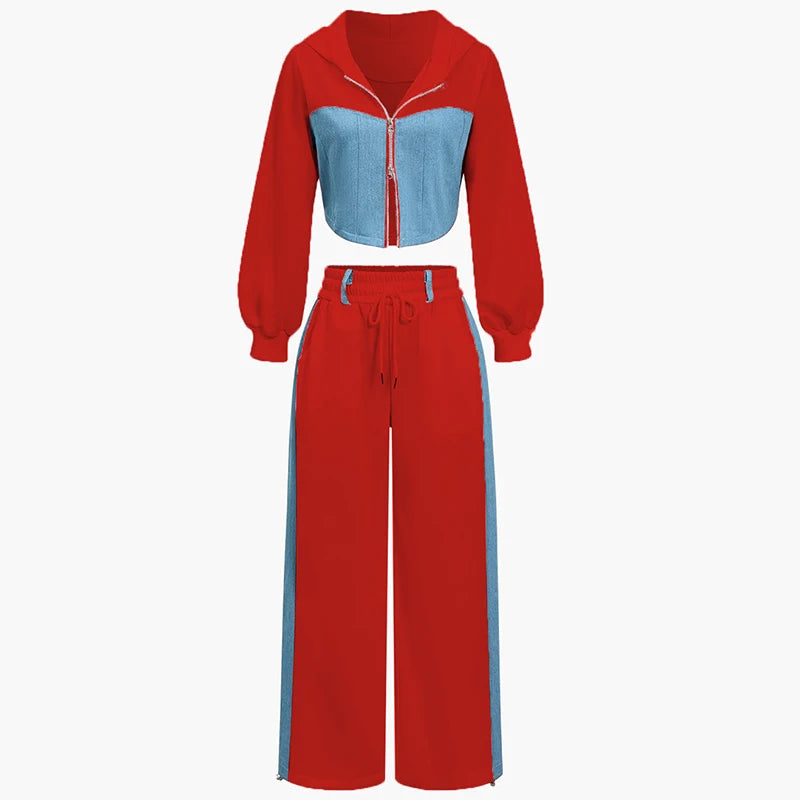 Hoodie Patchwork Denim 2 Piece Sets Women Outfit Slim Hoodies Crop Top Wide Leg Sweatpants Suit Streetwear Casual Tracksuits
