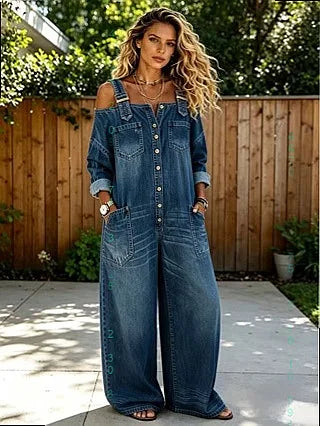 Sexy Off Shoulder Denim Overall Jumpsuit Pockets Wide Leg Playsuit