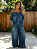 Sexy Off Shoulder Denim Overall Jumpsuit Pockets Wide Leg Playsuit