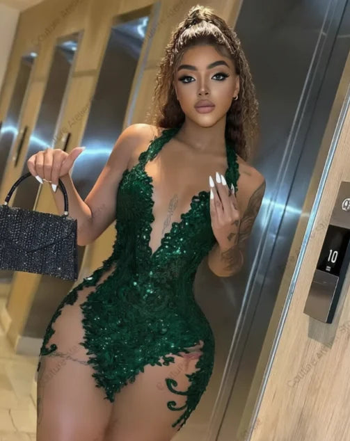 Sexy Black Halter Short Prom Dresses Black Girls Beads Rhinestones Sheer Mesh Baddie Dress For Birthday Mini Cocktail Customized