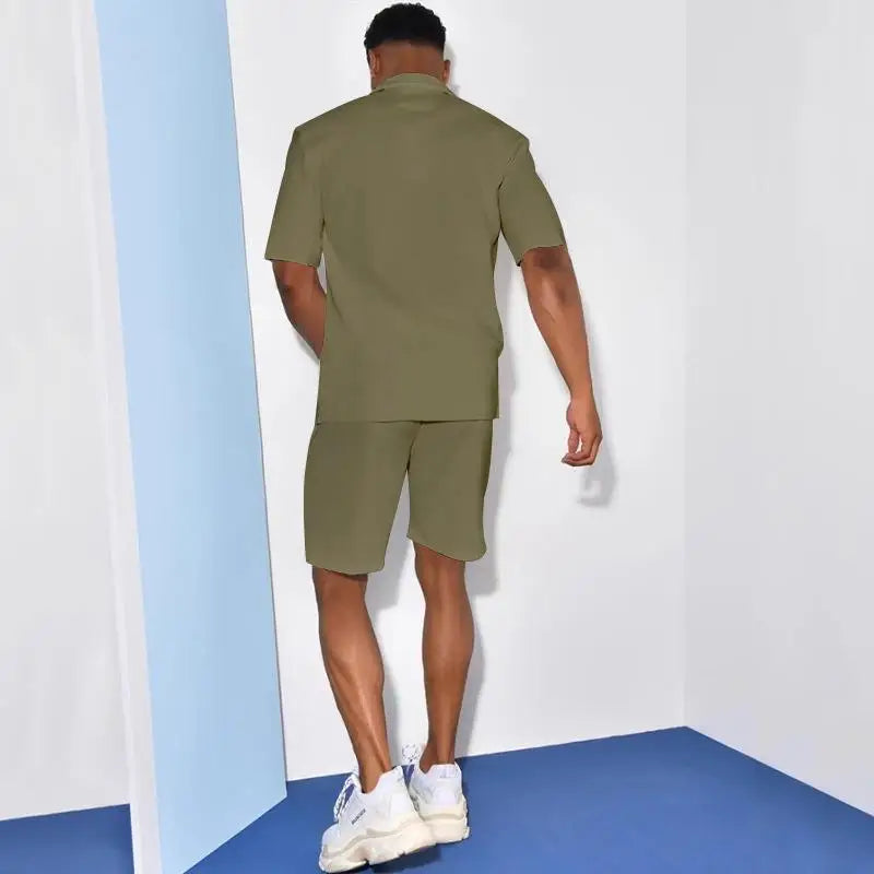 2026 Men's Summer Solid Casual Sets Comfy Cotton Linen Short Sleeve Lapel Shirt and Shorts Two Piece Sets Men Loose Sport Outfit