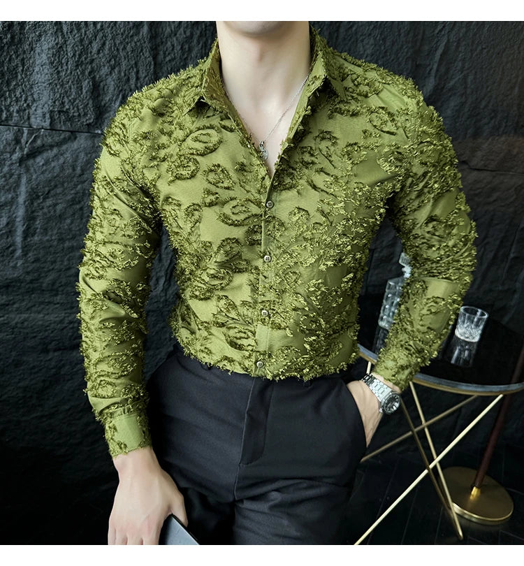 Tassels Shirts For Men Korean New Autumn Winter Long Sleeve Men's Social Shirt Slim Fit All Match Plain Color Blouse Homme 4XL-M