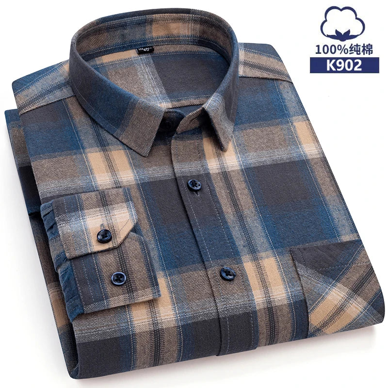 Pure Cotton Men's Plaid Shirt Long Sleeve Regular Fit Men Casual Oversized Shirt Leisure Autumn Spring Male Blouse New Plus Size