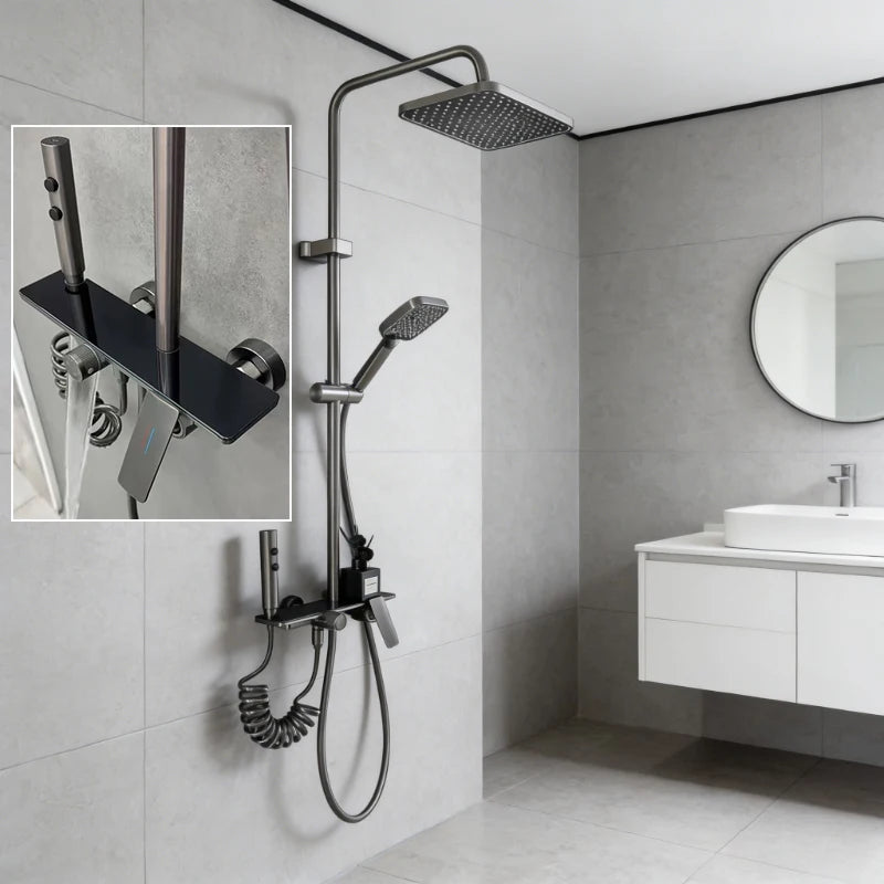 Four Ways Water Outlet Brass Bathroom Shower Set Hot Cold Bathroom Shower Faucet Full Set Grey/Chrome Rainlfall Shower System