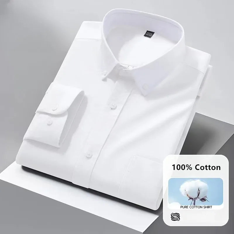 High Quality Men's Dress Shirts Long Sleeve Spring Autumn 100% Cotton Oxford Causal Stripe Social Slim White Man Clothing 5XL