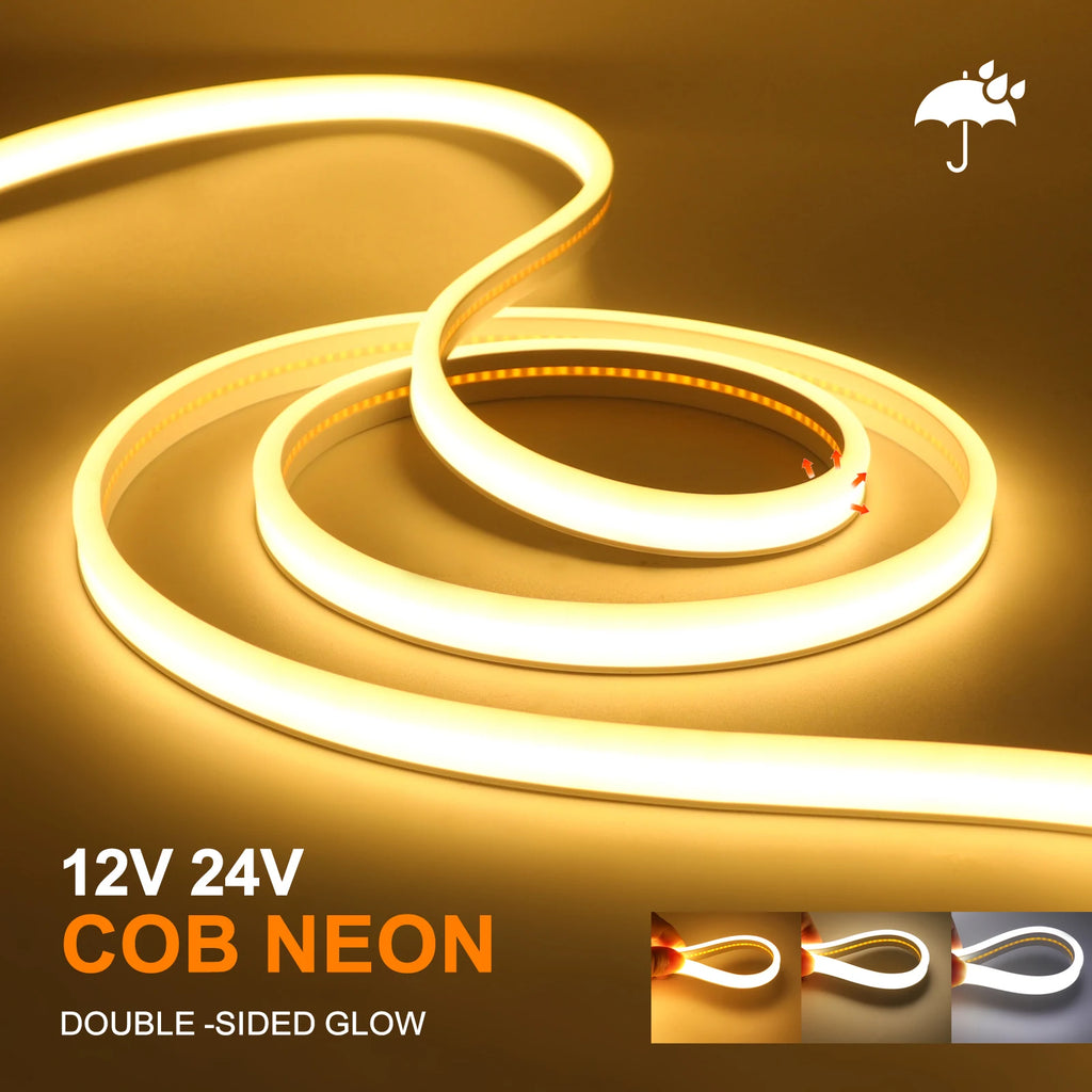 12V 24V COB LED Strip Light Double Side Glow Waterproof Flexible LED Neon Tape 320LEDs High Density Linear Lighting 0.5-20M
