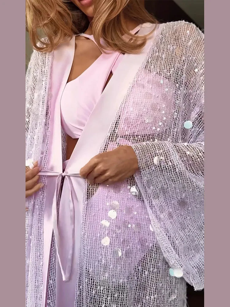 Sexy Sequined Women's Cardigan Dress Mesh Long Sleeve Loose Lace Up Ankle-Length Dresses 2026 Summer Chic Female Vacation Robe