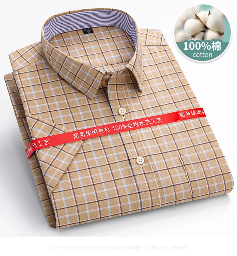 100%Pure Cotton Oxford Men's Shirts Short Sleeve Plaid Soft Regular Fit Formal Dress Shirt Social Blouse Male Clothes 6XL 7XL