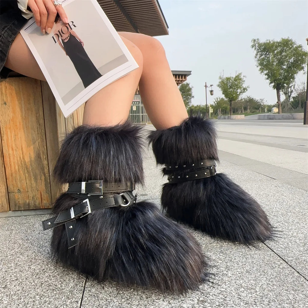 Winter Fur New Design Onepiece Raccoon FurFemale Snow Boots Fur shoes OutdoorMid Leg Boots y2k Cool Pink Girl