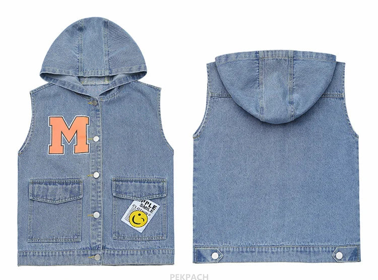 Korean Kids Vintage Hoodies Denim Vest For Girls Casual Streetwear Clothing Teens Child Hooded Denim Waistcoat Jacket Outfits
