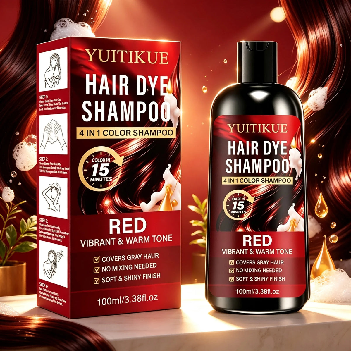 No Mix Red Hair Coloring Shampoo 4 In 1 15 Minutes Fast Dye Cover Grey Hair Glossy Vibrant Warm Tone Gentle Hair Treatment 100ml