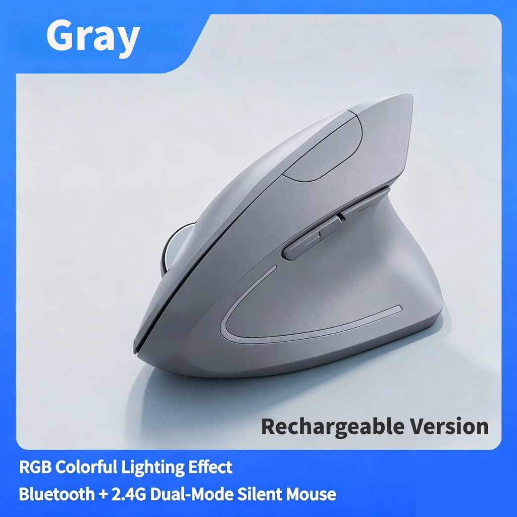 NexusClick Dual Mode Ergonomic Vertical Mouse,Rechargeable/AA Battery Powered,Adjustable DPI Mute Buttons RGB Mouse for Computer