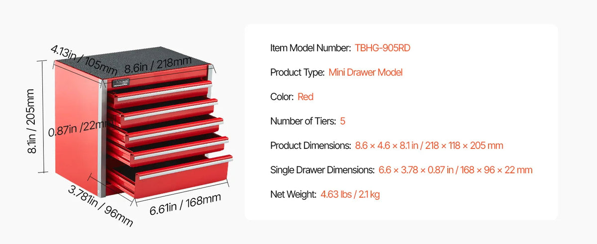 SucceBuy 5-Drawer 8.6in Metal Tool Box Red/Black Portable Small Tool Chest with PP Feet Pads for Garage Workshop Tools Storage