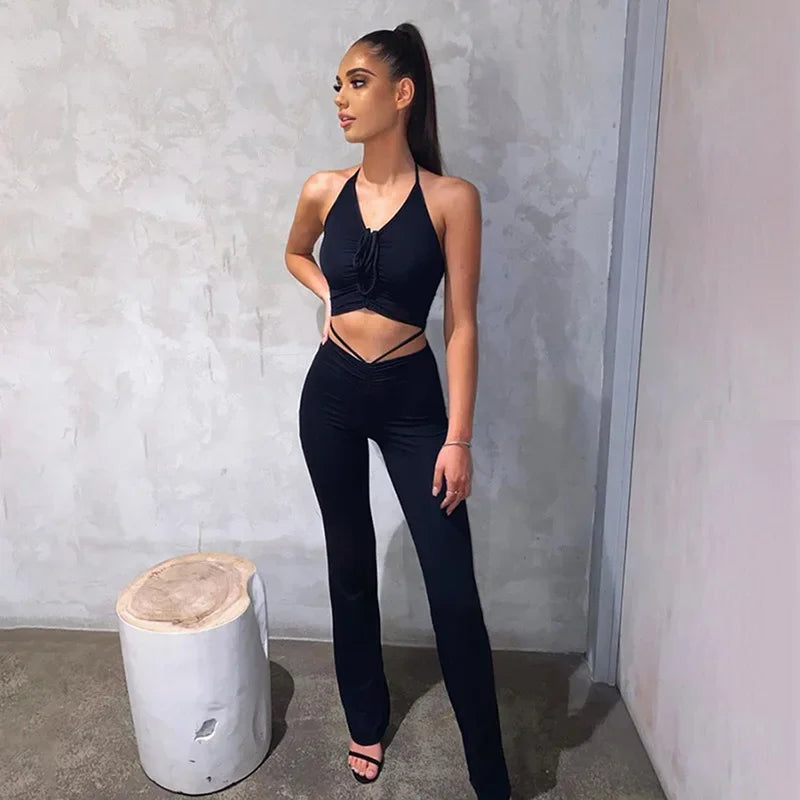 Solid 2 Piece Sets Womens Outfits Neck-mounted Halter Top Low Waist Long Pants Set Conjuntos Feminino Elegante Ensemble Femme
