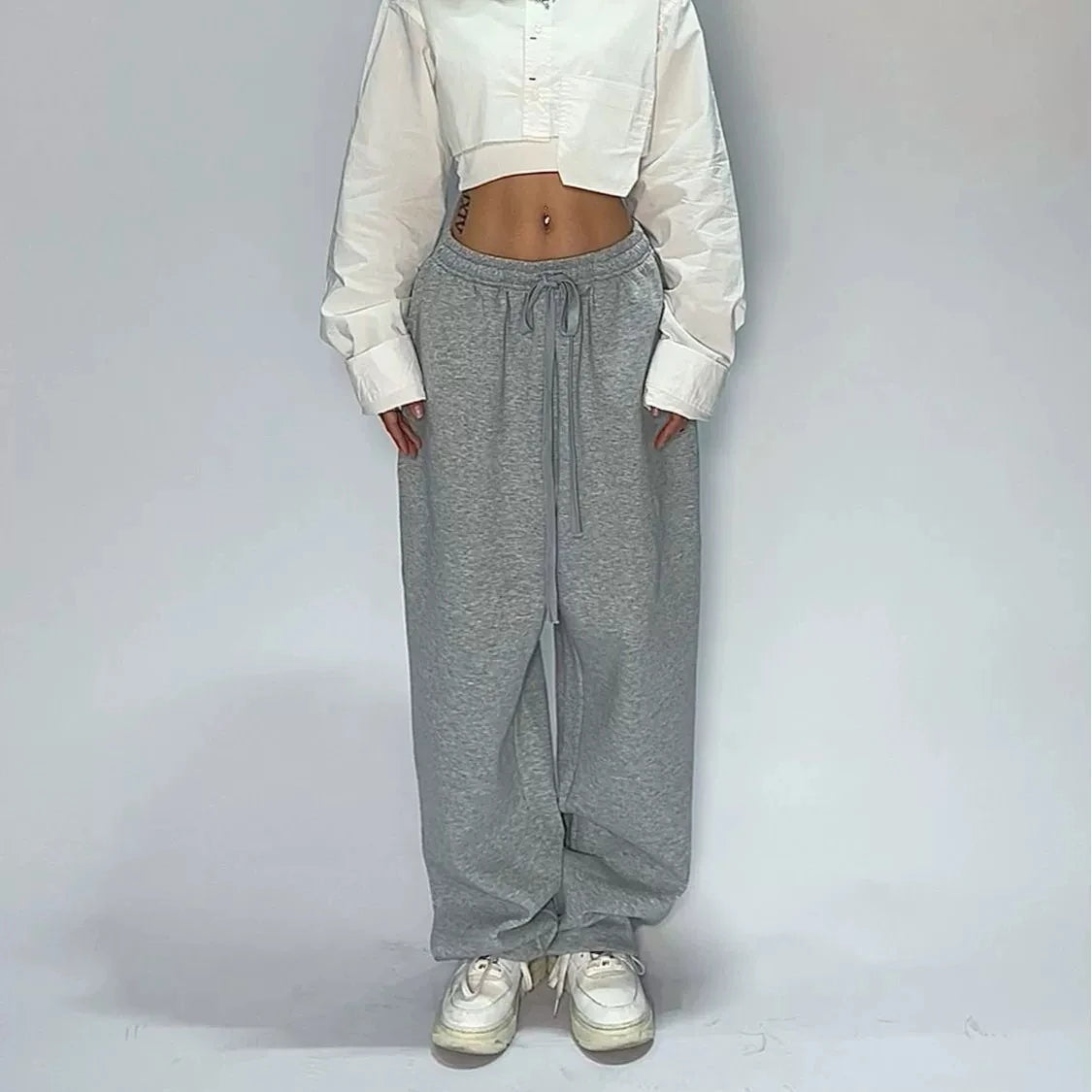 Women Drawstring Elastic Waist Wide Leg Sweatpants Solid Color Loose Baggy Jazz Dance Streetwear Casual Daily Jogger Pants