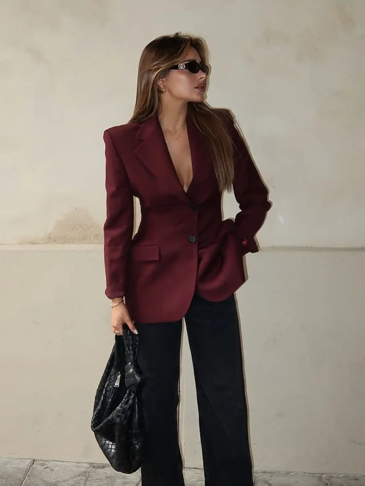 Women Burgundy Waist Cinching Blazer Coat Fashion Full Sleeve Lapel V-neck Button Slim Jacket 2026 Lady Spring Autumn Outwear