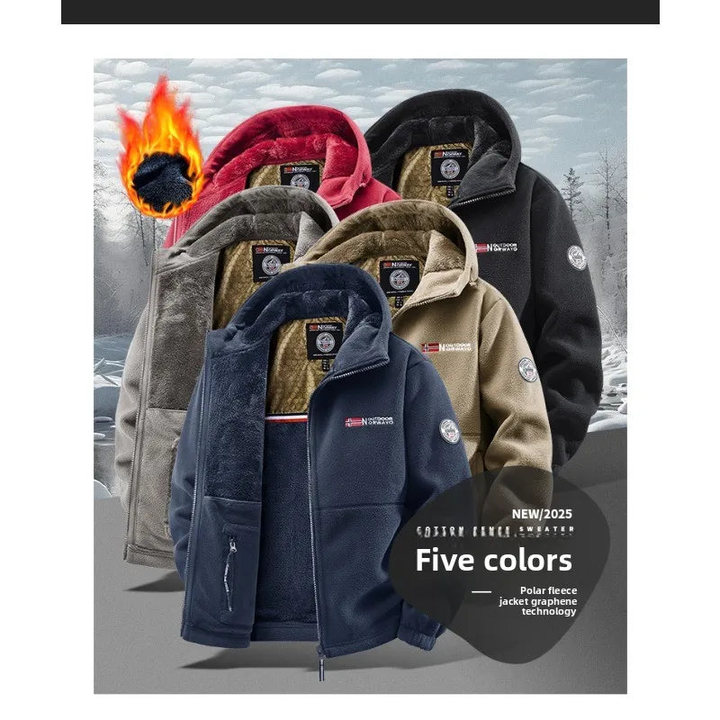 CHUJIE Men's autumn and winter fleece fashion graphenewarm hooded jacket outdoor hiking sports with thick fleece cardigan jacket