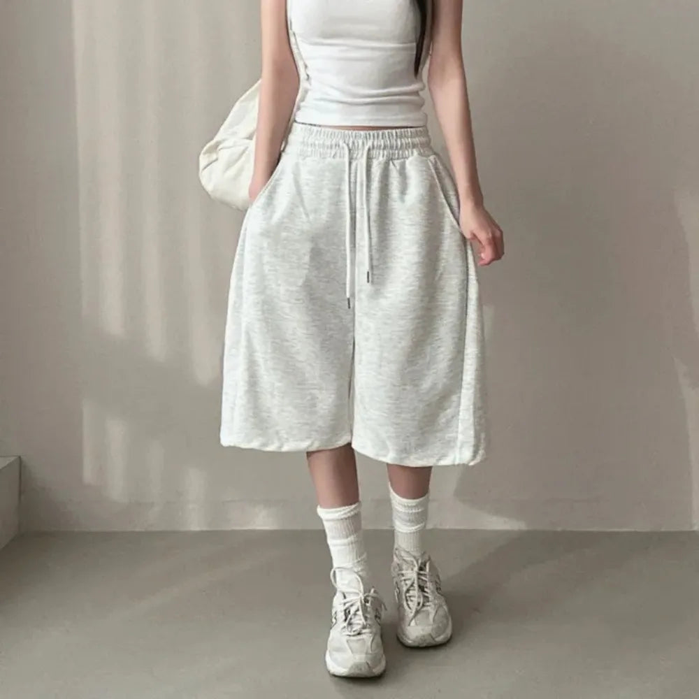 Summer Drawstring Wide Leg Shorts Women Fitness Running Loose Casual Large Sports Shorts Sweat Short High Elastic Lace Up Pants