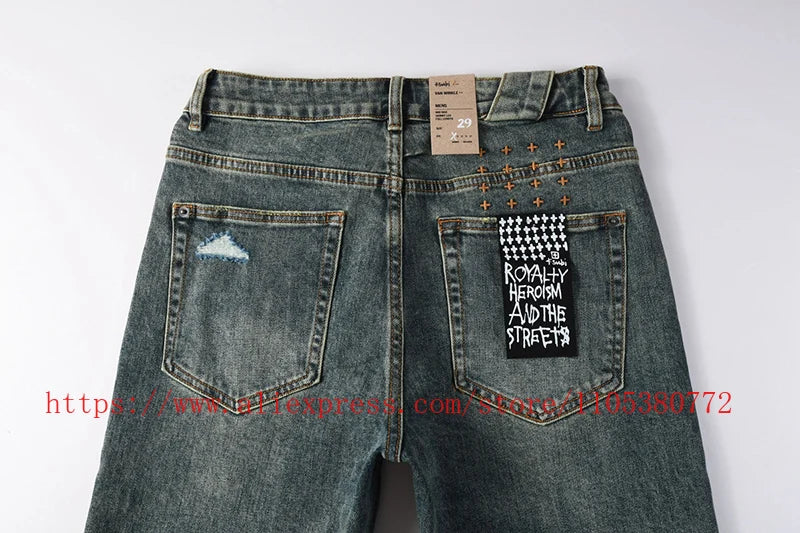 2026 Hot New Men's Blue Acid Washed Denim Shorts Distressed Ripped Embroidered Slim Fit Casual Shorts Streetwear Bottoms