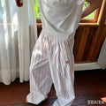 Classic Women Summer Vertical Striped Wide Leg Pants Elastic Drawstring High Waist Mini Embroidery Logo Loose Casual Trousers