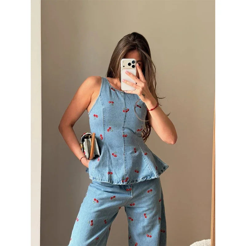 Denim Printed Pants 2 Piece Set Women Elegant Round Neck Sleeveless Vests Slim Long Pant Suits 2026 Lady Daily Street Outfit New
