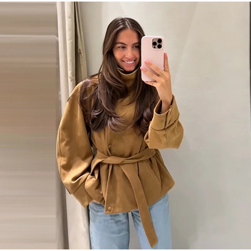 Faux Suede Women Winter Jacket Belted Waist Autumn Coat Stand Collar Short Jacket Cargo Jacket Daily Commute Wear Street Style