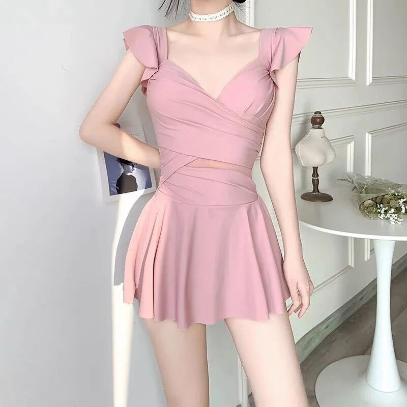 Retro Pink One-Piece Swimsuit for Girls Thermal Spring Women High-End Sensation Swimwear Steel Ring Gathered Conservative Pur...