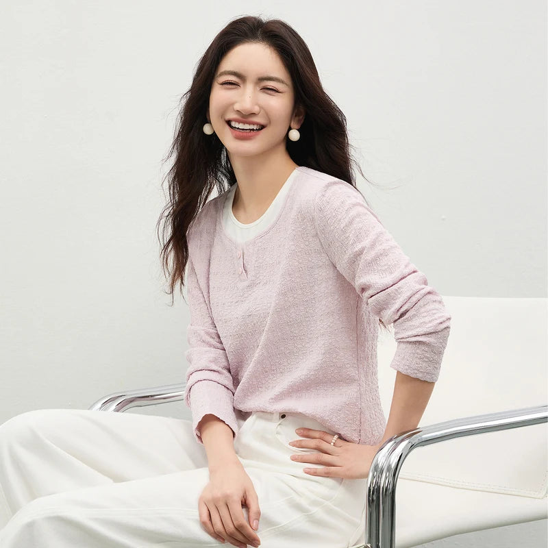 SENTUBILA Women's T-Shirt 2026 Spring Long Sleeve Top Round Neck Color Block Textured Fashion Tee Shirt Woman Clothes 161TD5398