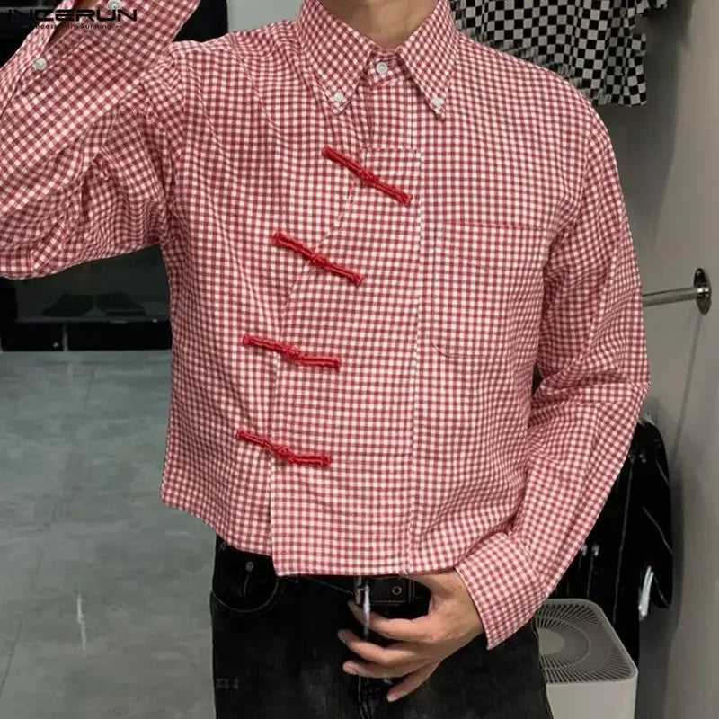 INCERUN Men Plaid Shirt Lapel Long Sleeve Patchwork Loose Men Clothing Streetwear 2026 Spring Fashion Casual Tops Male Shirts