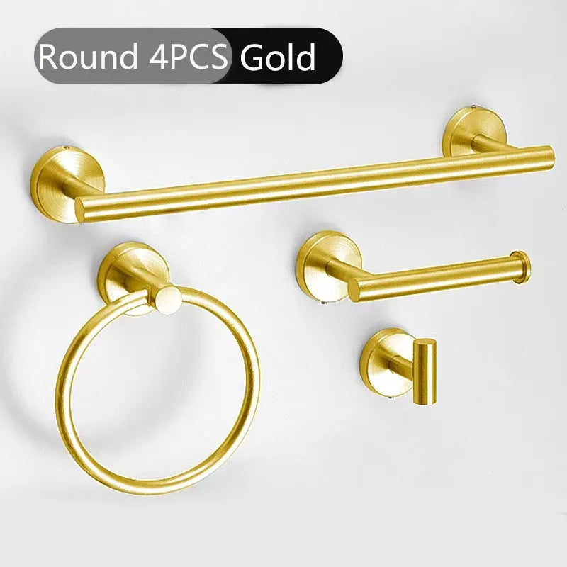 4pcs Bathroom Punch-free Towel Bar Set Stainless Steel Bathroom Hardware Wall-mounted Towel Rack Hook Tissue Holder