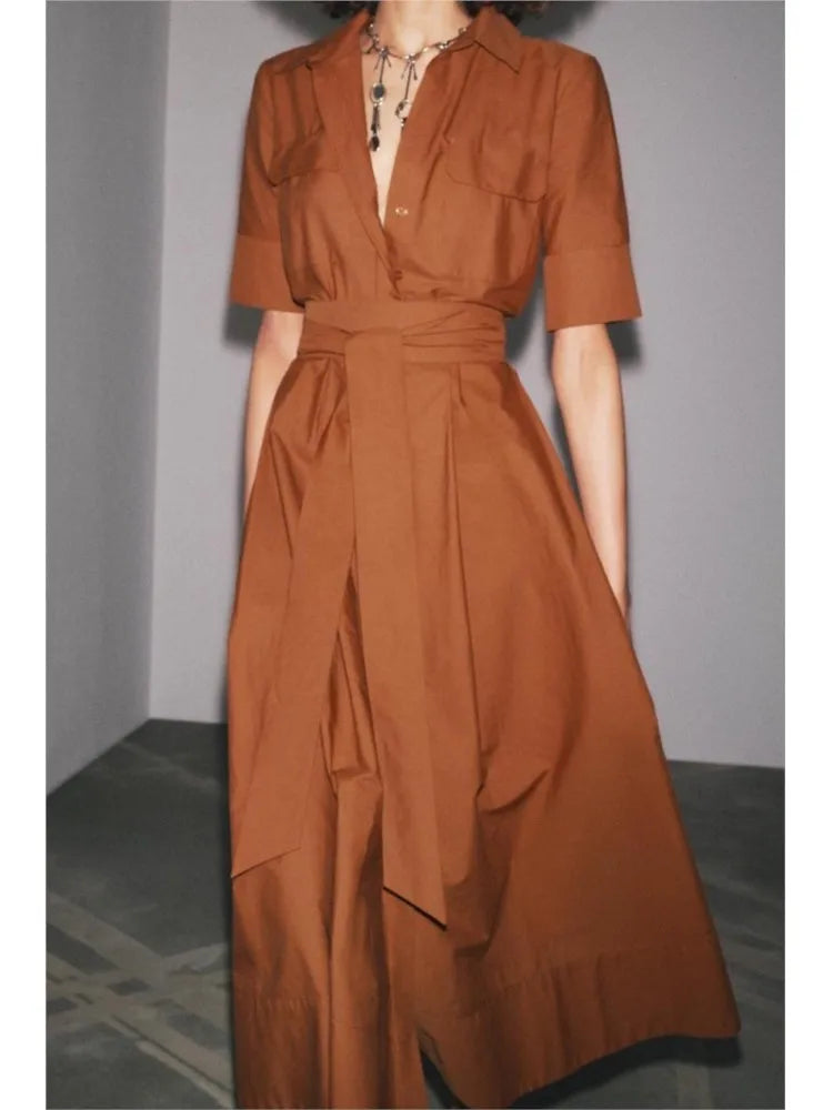 Women Long dress With Belt Spring Poplin Lady Short Sleeve Dress Pocket Women's Midi Dress Side Zipper Female Dresses