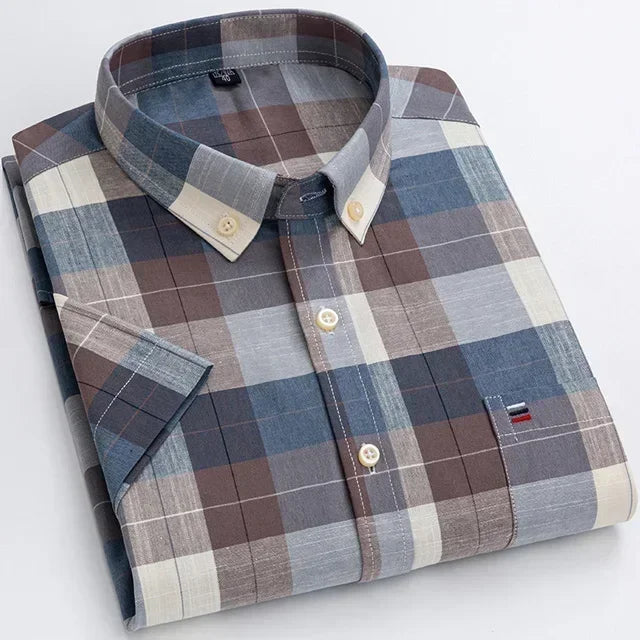 2025 100% Pure Cotton Men's Oxford Short Sleeve Square Collar Soild Plaid Striped Summer Casual Shirts Single Pocket  Shirt