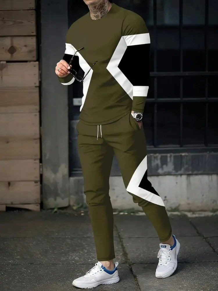 Magnificent Lion Print Men's Autumn Trend Round Neck Long Sleeve T-shirt 2pcs Outdoor Casual Comfortable Men's Top And Pants