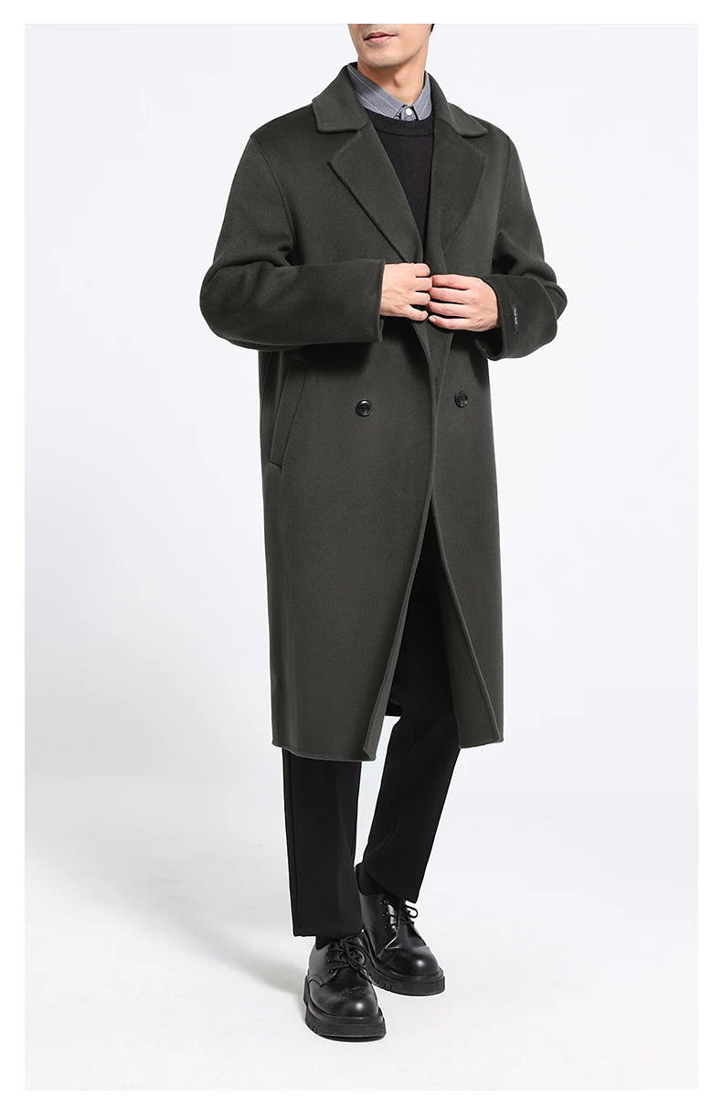 Men's 100% Cashmere Thick Double-Sided Extended Coat, Classic and Versatile Fashion for Business and Leisure