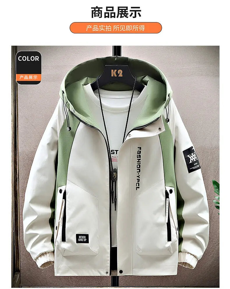 Men's High Streetwear Fashion Hooded Jackets 2026 Spring Autumn Loose Casual Coats Youth Outdoor Sports Windbreaker Top Clothing