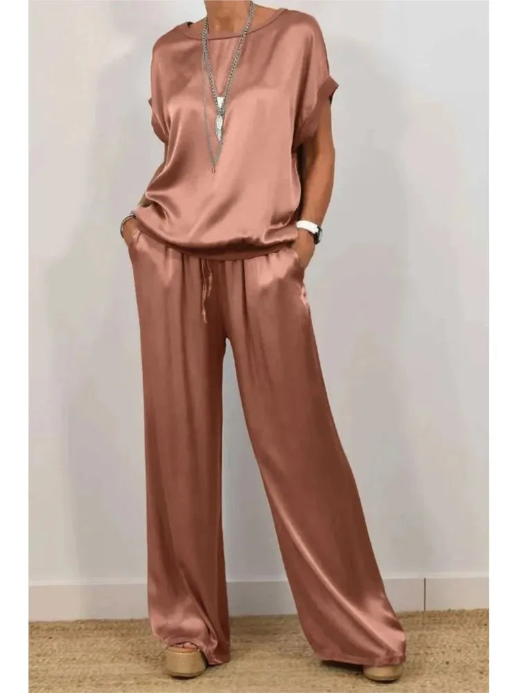 Spring Summer Fashion Solid Smooth Satin Two Piece Sets New Women's O-neck Short Sleeve Top + Wide Leg Pant Casual Loose Set