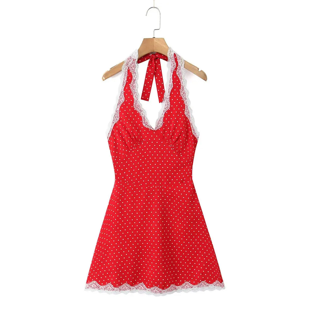 YENKYE Lace Spliced Polka Dot Halter Dress Women Elegant A-line Mini Sexy Backless Dresses Summer Robe 2025