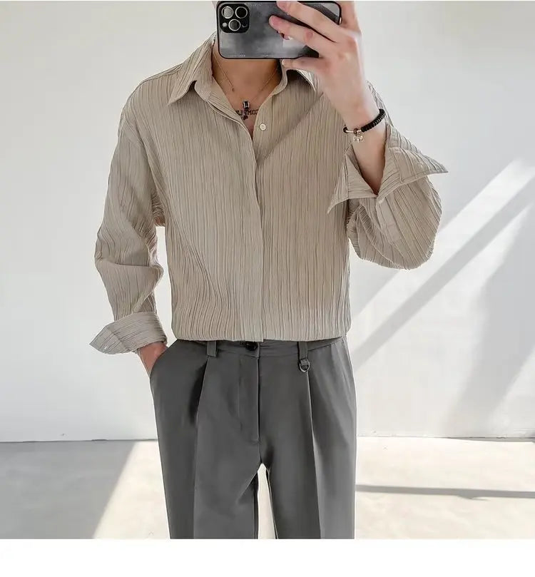 Black Apricot White Long-sleeved Shirt Men Fashion Social Mens Dress Shirt Korean Loose Casual Pleated Shirts Mens Formal Shirt