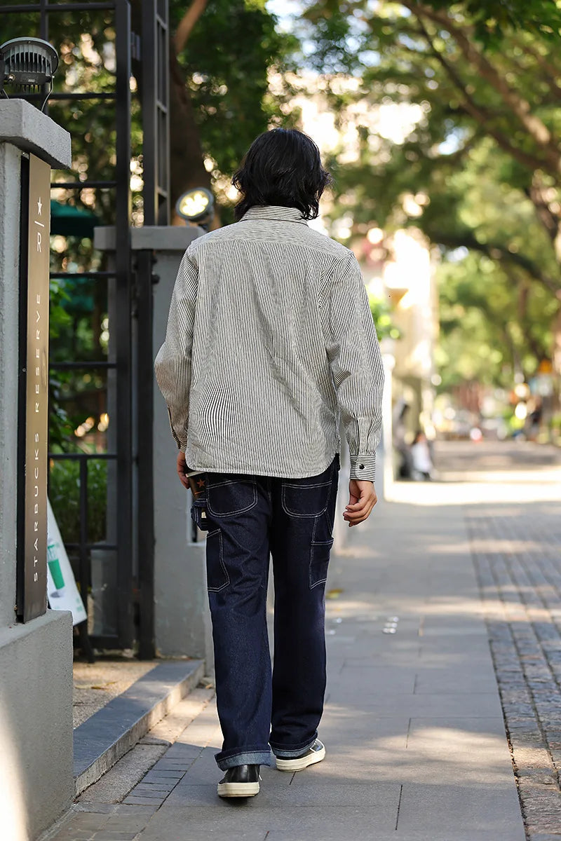 3903 Good Quality Striped Jeans For Man Multi Pockets Cargo Style Straight Casual Loose Trendy Streetwear Boyfriend Denim Pants