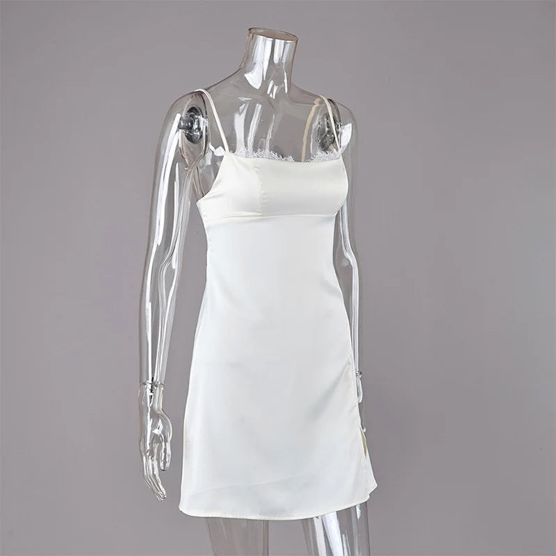 Sexy Satin Mini Dress Women Backless Sleeveless Lace Patchwork Split Vestidos Female 2026 Summer New Chic Party Evening Dresses