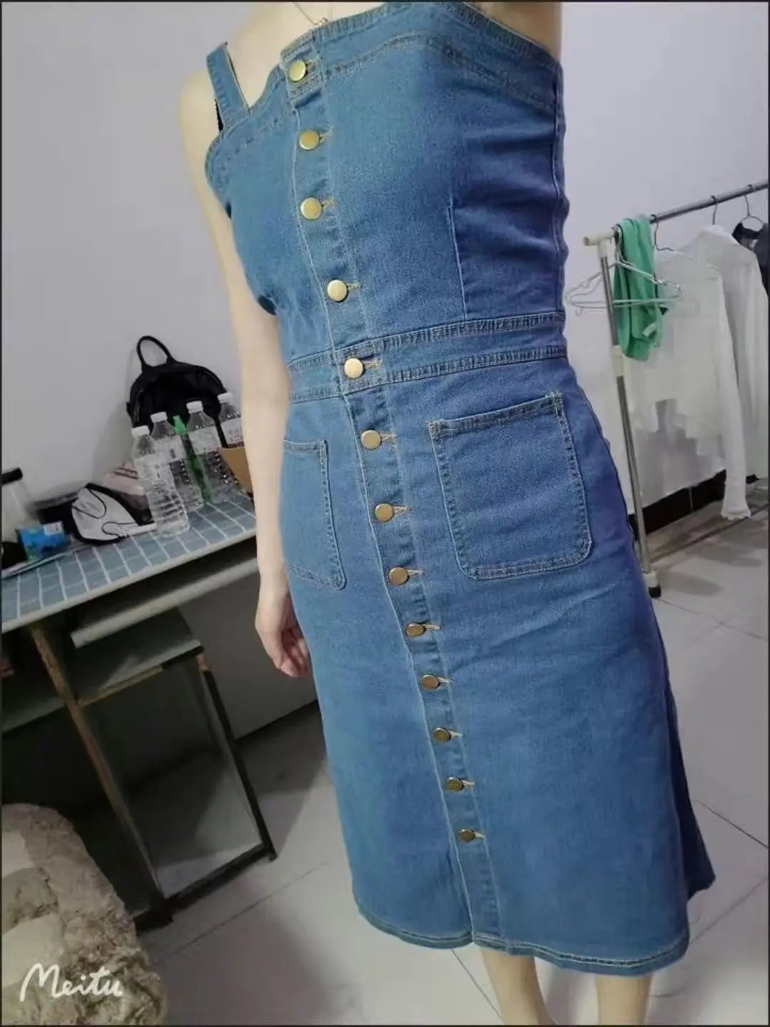 Denim Dress Sexy Style New Arrival Ins Strap Waist Single Breasted Stitching Female Bodycon Midi Dresses Female Vestidos