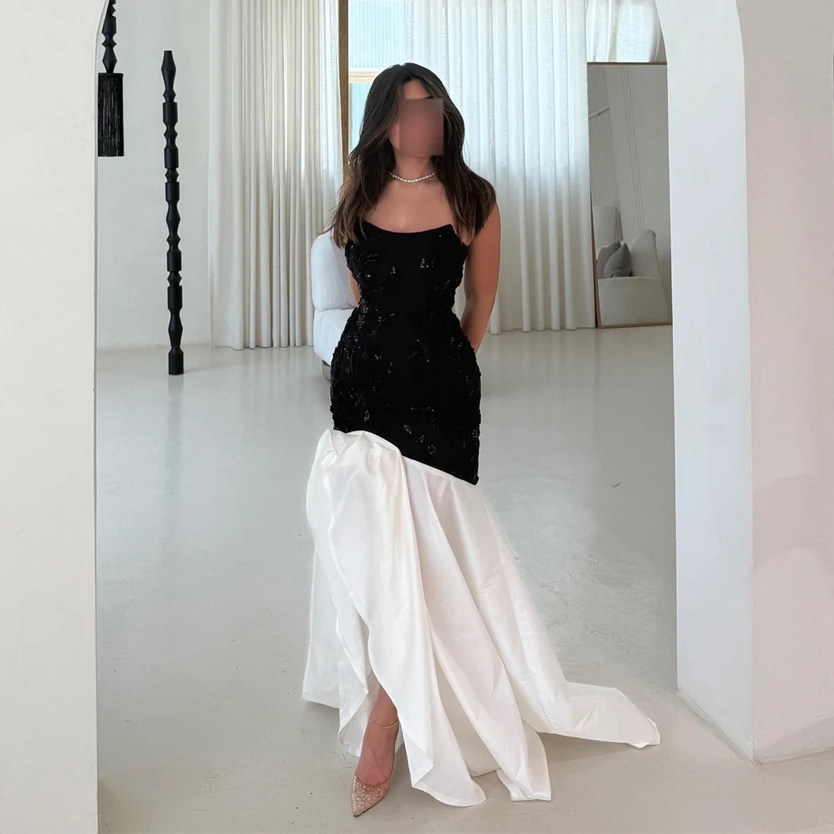 Black And White Mermaid Prom Dress Sexy Strapless Satin Floor Length Evening Gowns Girls Formal Party Dress