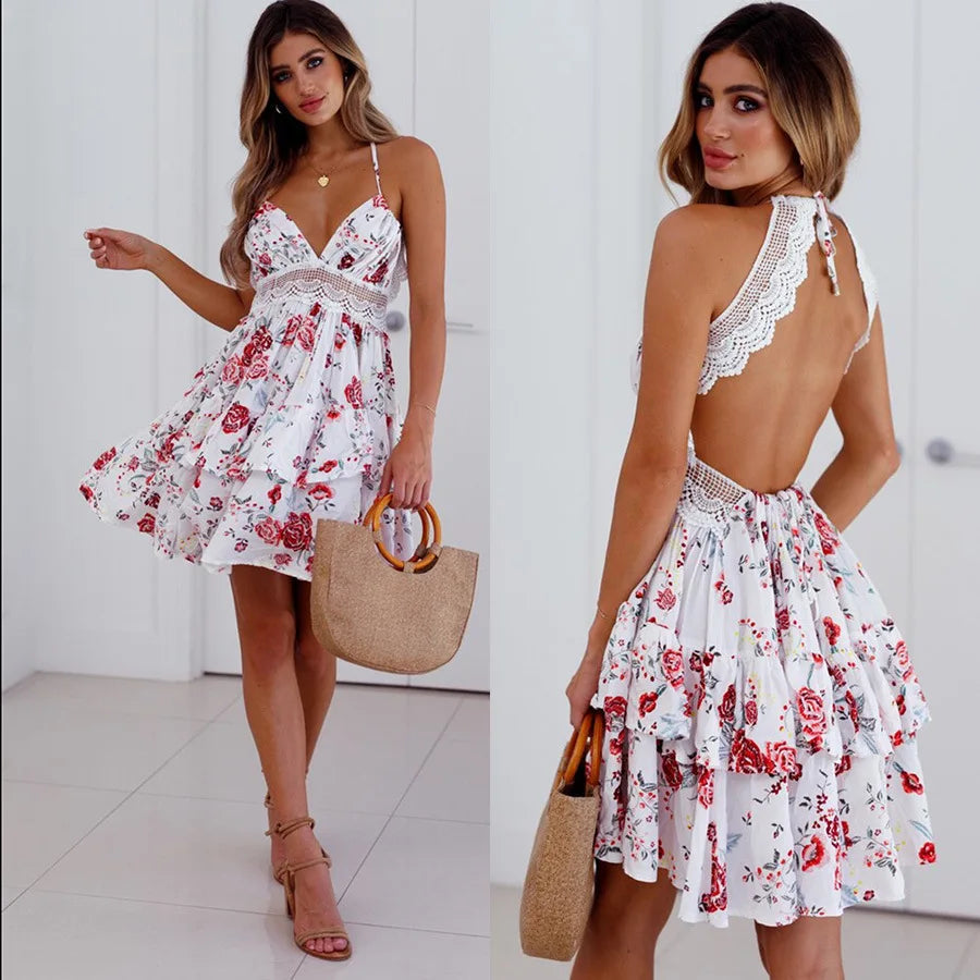 Sexy Strapless Floral  Waist Dress Cross-Border Elegant Cotton Blend Wrap Chest Style No Sleeve Summer New Arrival