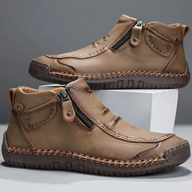 Handmade Leather Casual Shoes for Men Sneakers Men Flat Footwear Zipper Leather Boots Men Ankle Outdoor Walking Plus Size 39-48