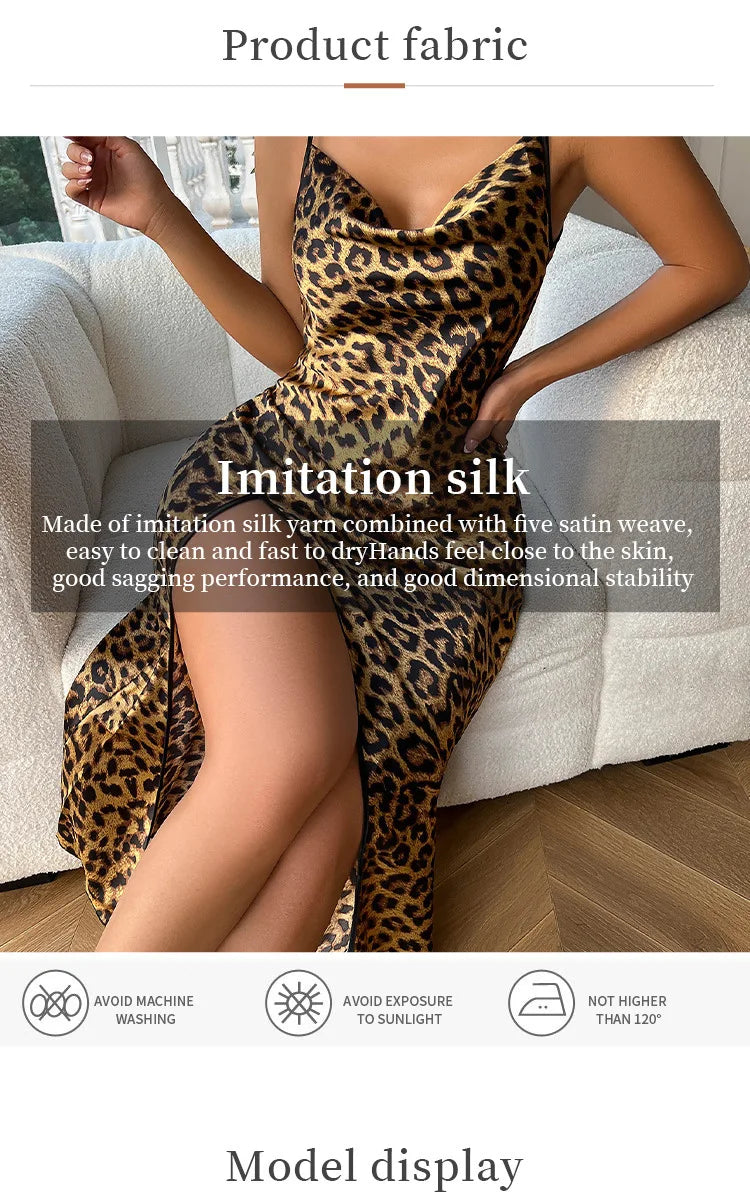 Ice Silk Slip Dress Summer Thin Breathable Silk Like Sexy Leopard Print Women's Backless Split Sling Nightdress