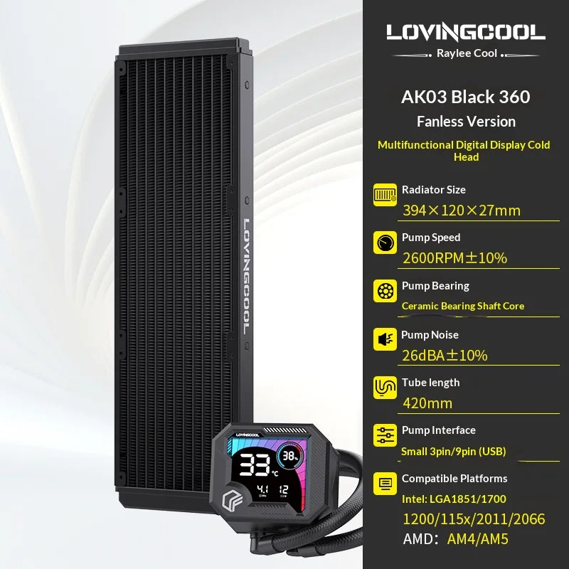 LOVINGCOOL AK liquid cooler 240mm 360mm broken code screen dynamic digital display ARGB PWM Abyss Mirror integrated water cooled