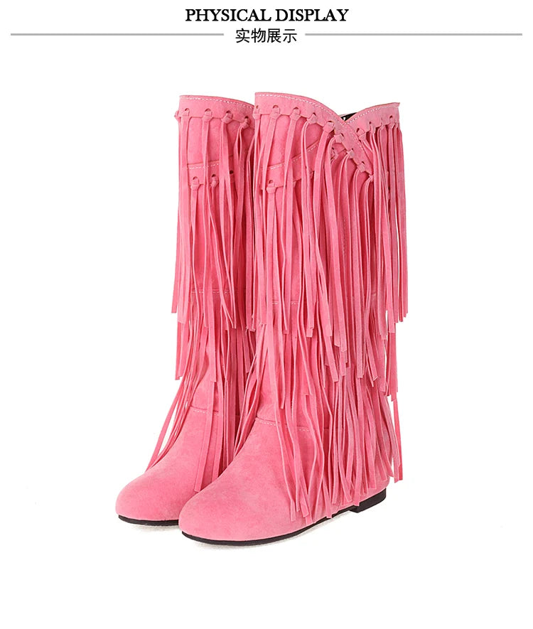 2025 New High Boots Women Bohemian Flock Tassle Mid-Calf Boots Wedge Booties Autumn Winter Ethnic Casual Shoes zapatos de mujer