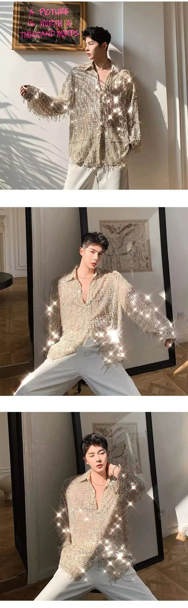 IEFB Spring Summer Men's Shirt Long Sleeve New Irregular Sequin Tassel Shirts Niche Streetwear Korean Style Male Top Tide 9Y7232