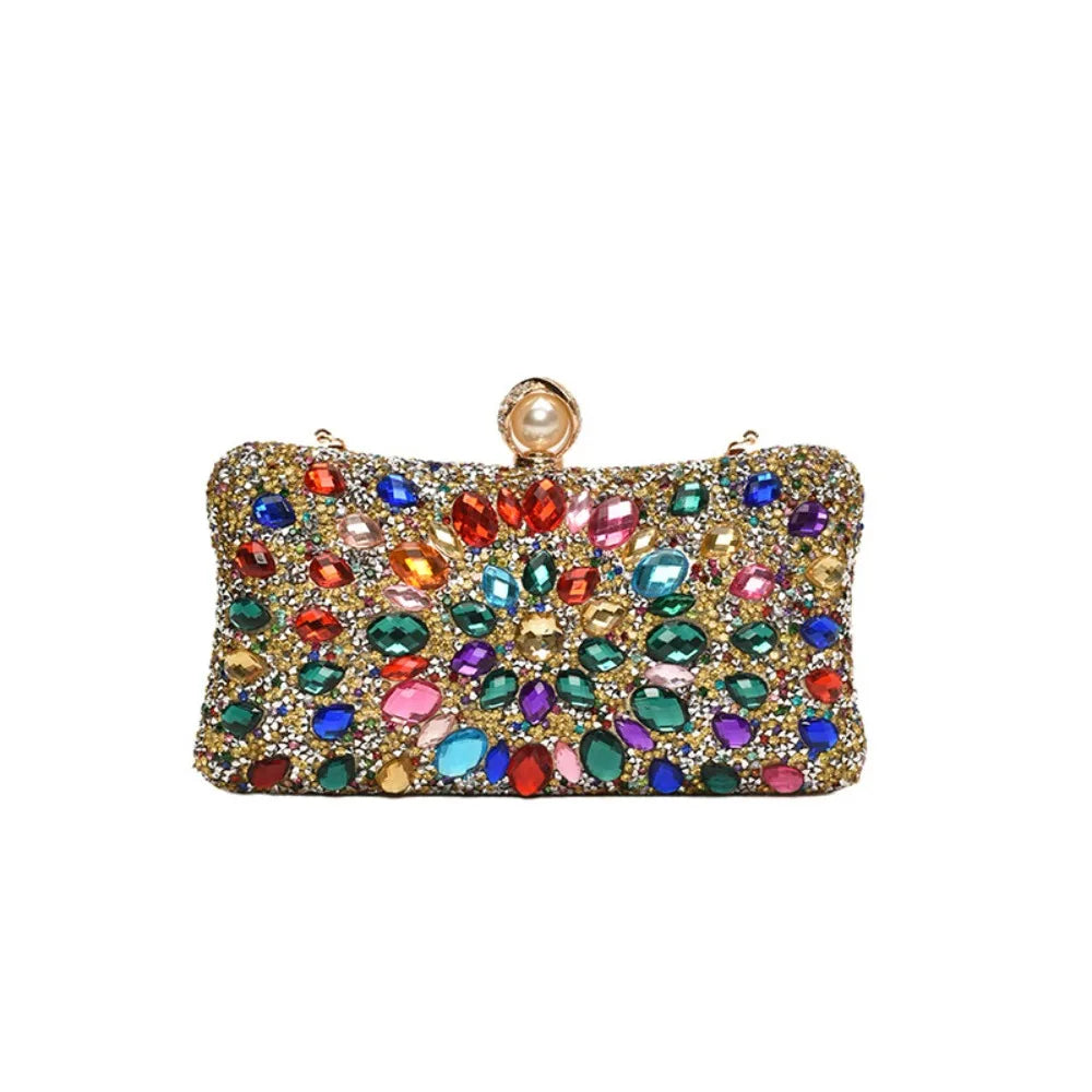 Portable Shiny Evening Banquet Bag Sequin Bling Crystal Colorful Rhinestone Shoulder Bag Handbag Purse Chain Crossbody Bag Women