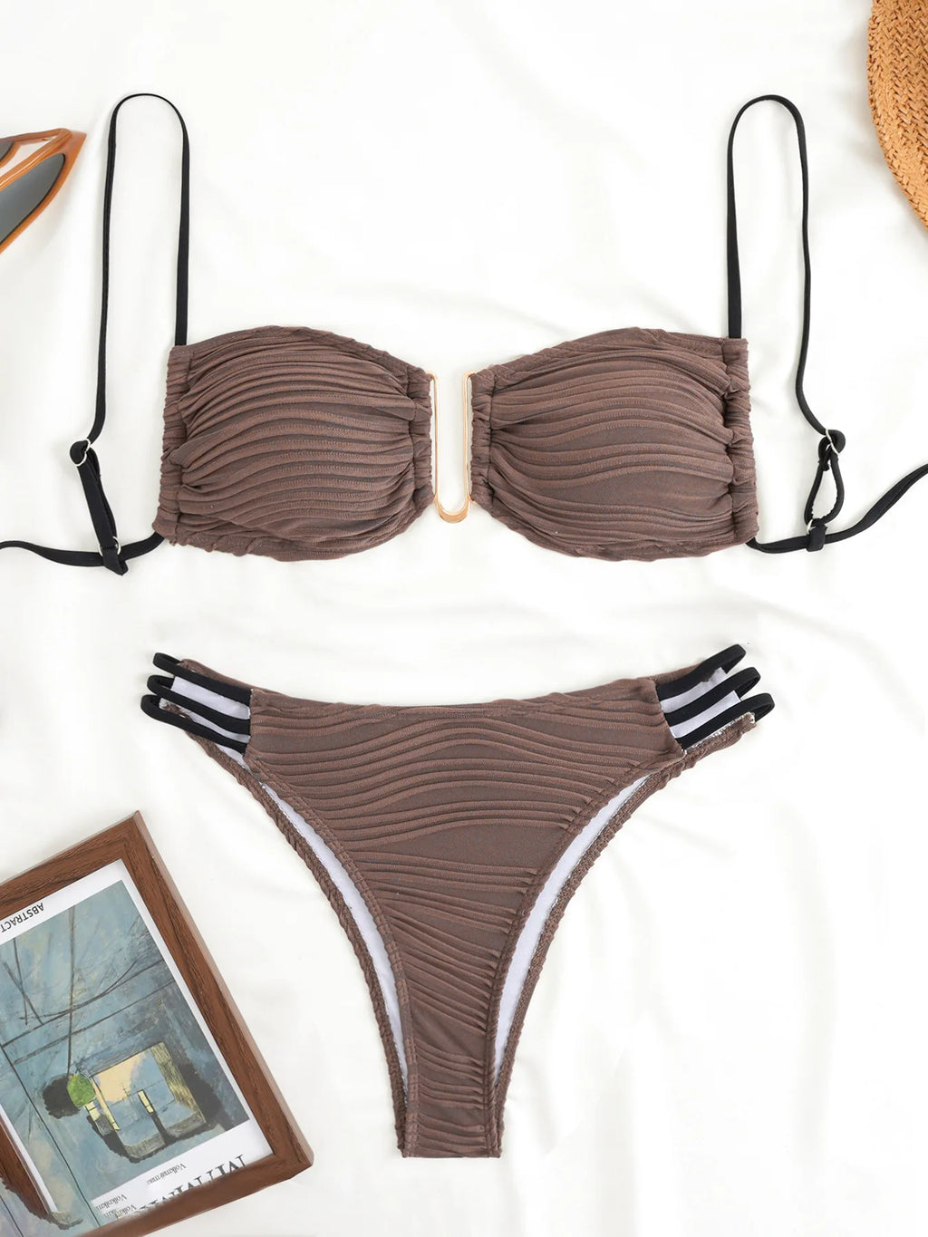 Women Color Block Bikini Set Swimsuit Metal Ring Front 2 Piece Bathing Suit Strappy High Cut Swimwear for Beach Pool Holiday